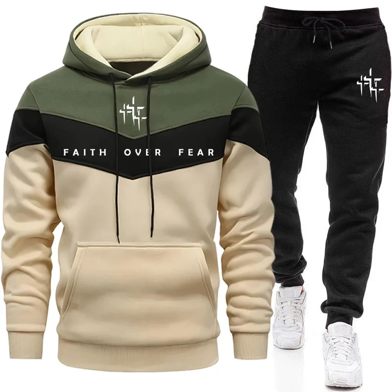 Winter Clothing Men - ชุดวอร์มผู้ชาย Faith Over Fear เสื้อฮู้ดและกางเกงจ็อกเกอร์ แฟชั่นสไตล์เมือง