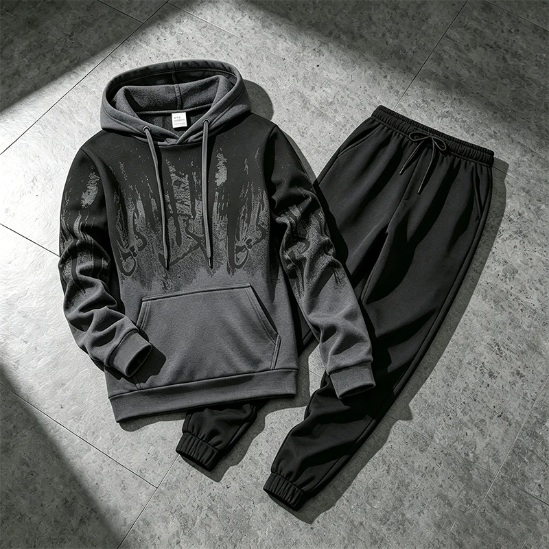 Winter Clothing Men - ชุดฮู้ดดี้ผู้ชายสำหรับฤดูใบไม้ร่วงและฤดูหนาว เสื้อสเวตเชิ้ตลายหมึกสำหรับกิจกรรมกลางแจ้ง กีฬา วิ่งจ๊อกกิ้ง เสื้อผ้าสตรีทแฟชั่น เสื้อและกางเกงแยกชิ้น