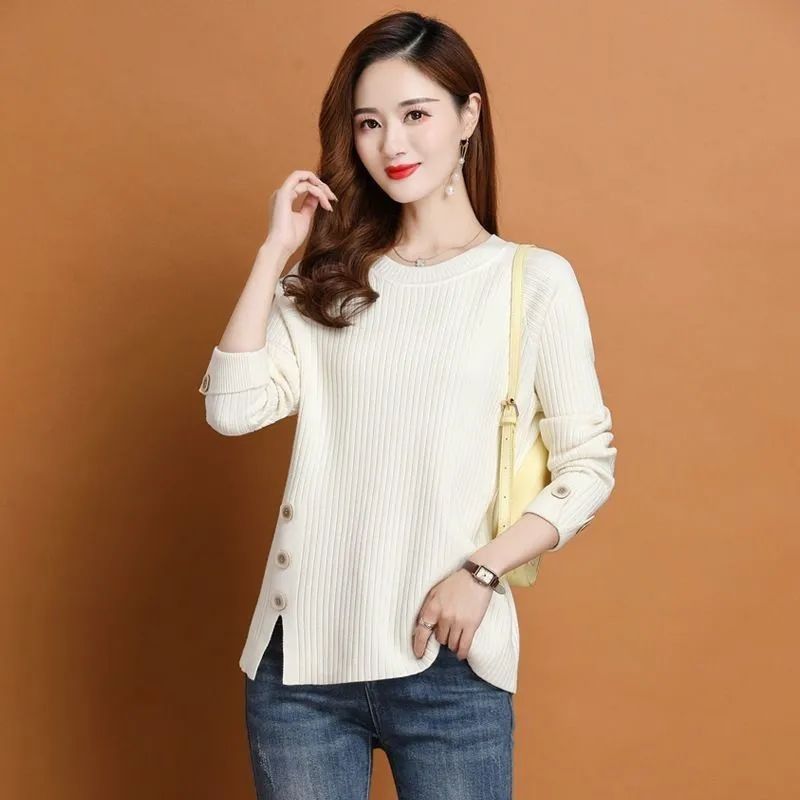 Winter Clothing Offer - เสื้อสเวตเตอร์ไหมพรมผู้หญิง คอกลม แขนยาว สไตล์เกาหลี ฮาราจูกุ สีขาว