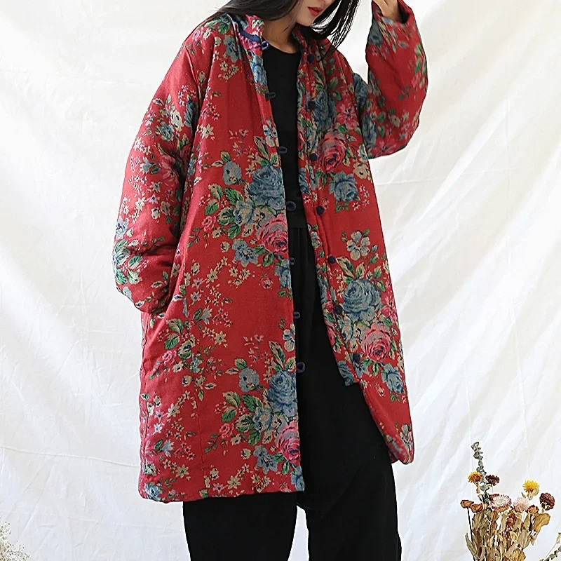 Jacket Winter Clothing - เสื้อผ้าสไตล์จีน เสื้อโค้ทผ้าฝ้ายพิมพ์ลายดอกไม้ อุ่นสบาย รุ่นใหม่ ฤดูหนาว 2024