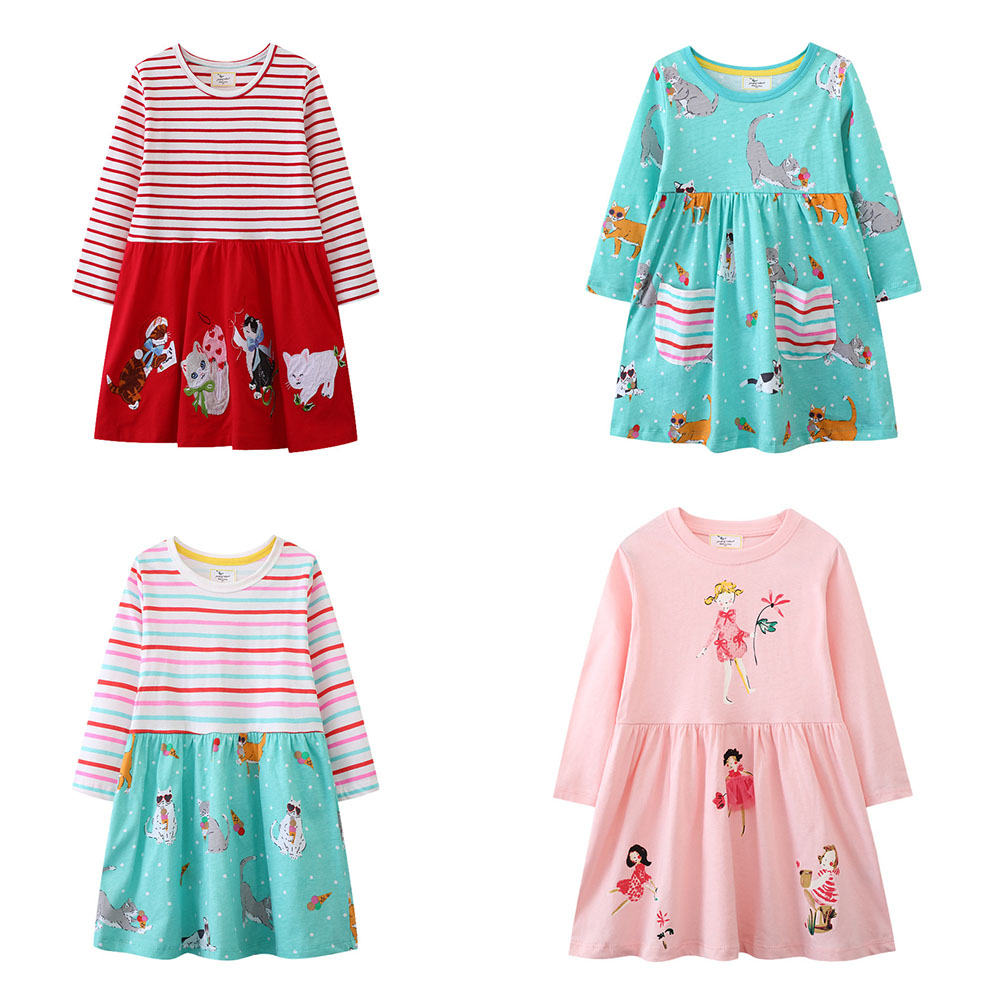 Winter Clothing Activities For Toddlers - ชุดเดรสลายแมวแขนยาวสำหรับเด็กผู้หญิง ขนาด 2-7 ขวบ เหมาะสำหรับงานปาร์ตี้ ฤดูใบไม้ร่วง