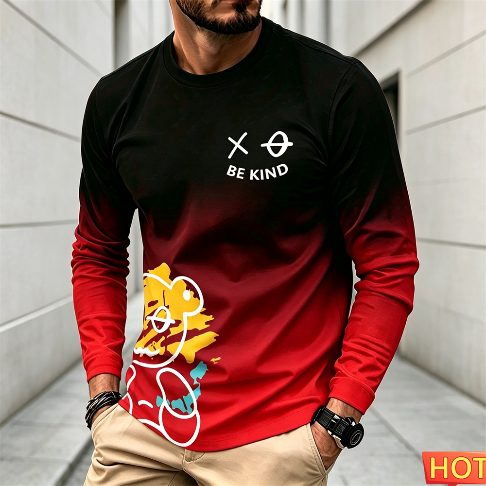 Winter Clothing Men - เสื้อยืดแขนยาวลำลองสำหรับผู้ชาย ลายการ์ตูน คอกลม เสื้อยืดผ้าฝ้าย ใส่สบาย สไตล์