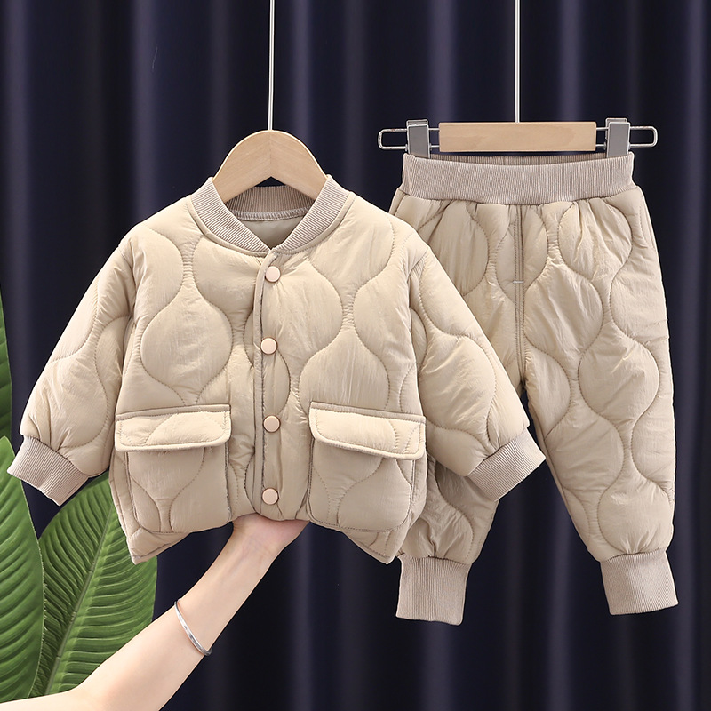 Winter Clothing Activities For Toddlers - ชุดเสื้อผ้าเด็กผู้ชายฤดูหนาวใหม่ เสื้อแจ็คเก็ตและกางเกงสีพื้นหนา 2 ชิ้น/ชุด เสื้อผ้าเด็กผู้หญิง ชุดเด็กวัยหัดเดินและทารก