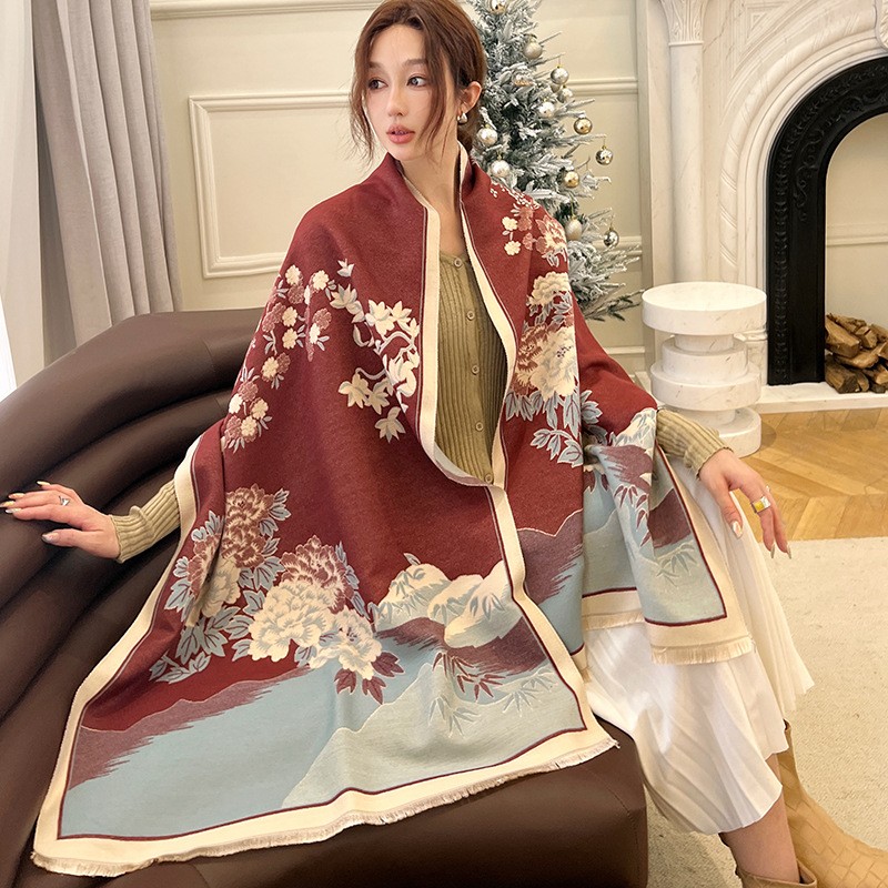 Cashmere Scarf Wrap - แฟชั่นฤดูหนาวใหม่ผ้าคลุมไหล่ผ้าพันคอผ้าพันคอผู้หญิงดอกไม้พิมพ์ Pashmina หนาผ้าพันคอหญิง Poncho Echarpe ผ้าพันคอ