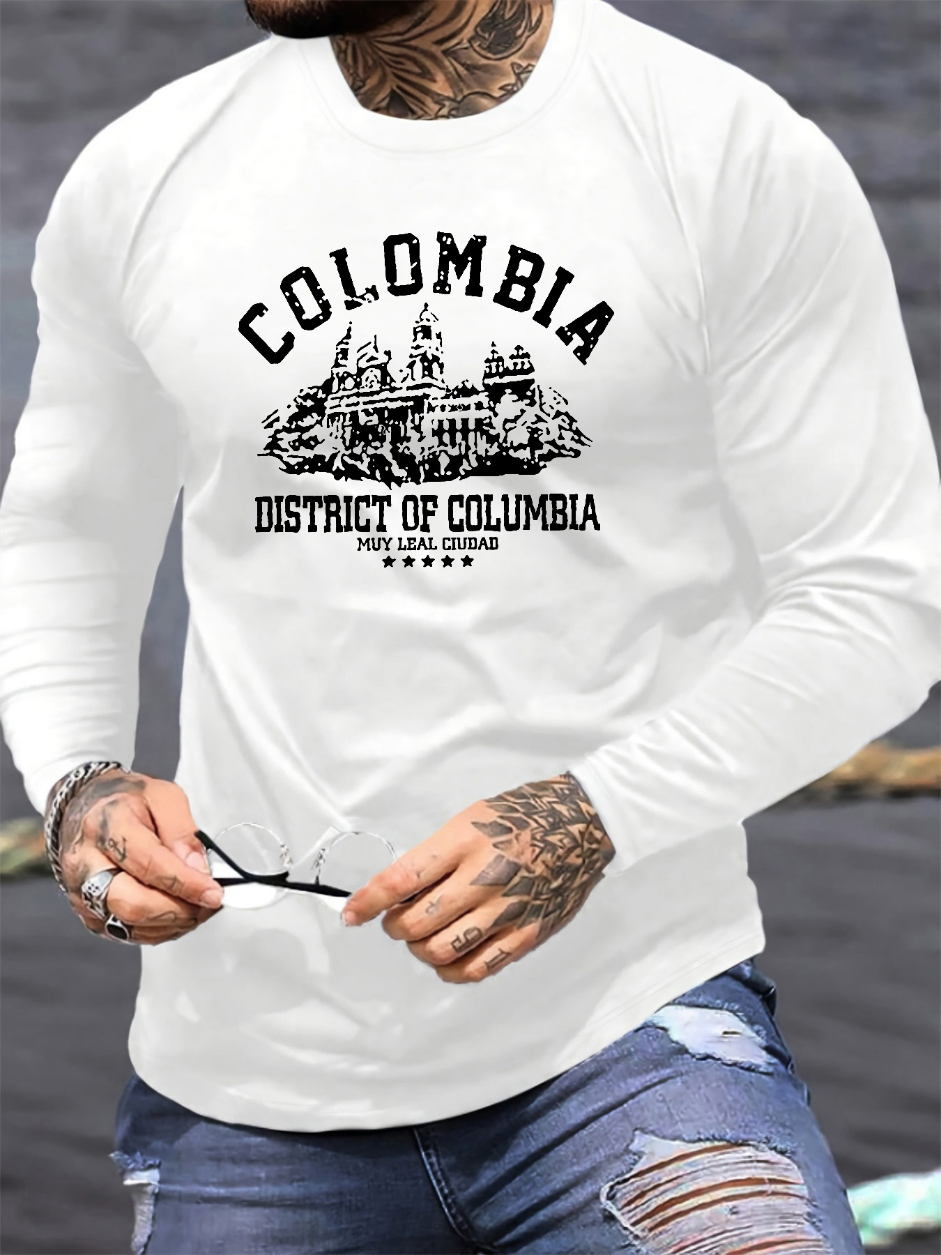 Winter Clothing Men - เสื้อยืดคอกลมแขนยาวผู้ชายผ้าฝ้าย 100% ลายพิมพ์สถาปัตยกรรมโคลอมเบียทรงหลวม สไตล์ลำลองอเนกประสงค์สำหรับฤดูใบไม้ร่วง/ฤดูหนาว