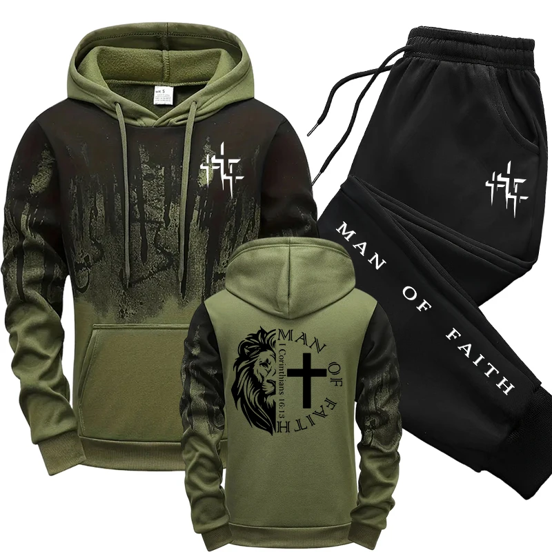 Winter Clothing Men - ชุดเซ็ตผู้ชายลาย Man of Faith เสื้อฮู้ดและกางเกงวอร์มสีดำ สำหรับฤดูใบไม้ร่วงและฤดูหนาว